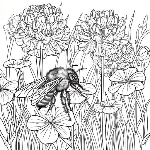 Bee on clover in meadow. Coloring book page