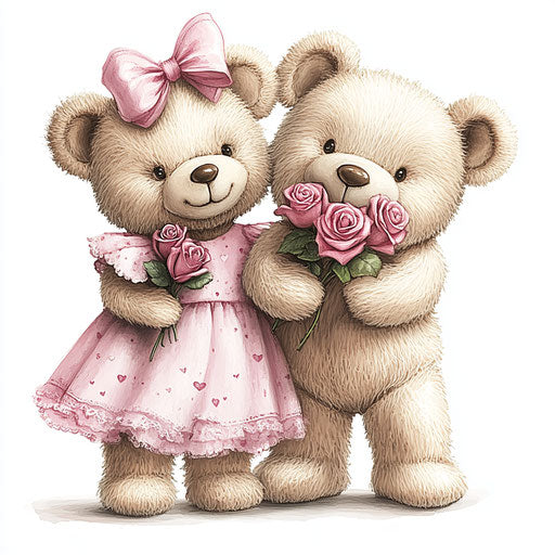 Cute teddy bear couple holding roses, Valentine's Day theme