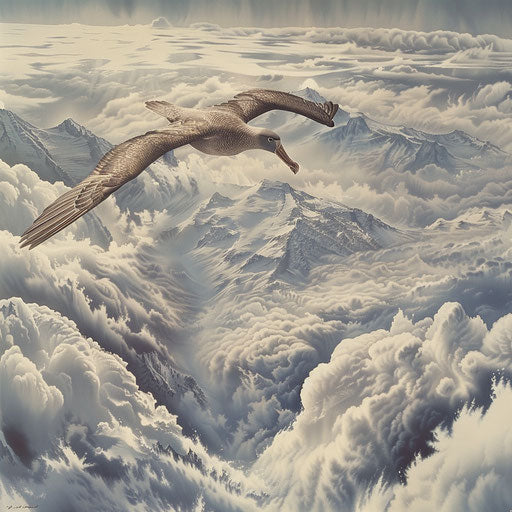Albatross soaring above clouds with mountain peaks