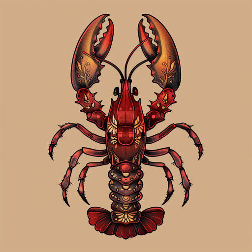 Elegant lobster sketch with intricate red and gold filigree