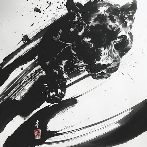 Dynamic and expressive Japanese brush stroke black panther tattoo on traditional white rice paper