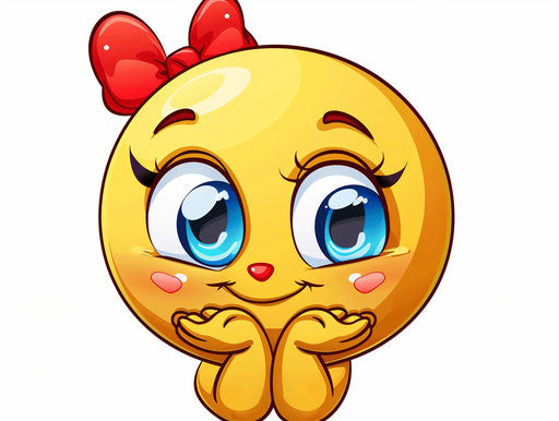 Cute yellow emoji with red bow holding hand to chin