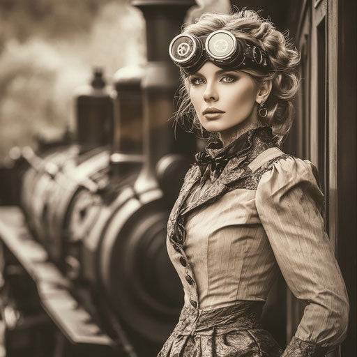 Stylish woman in steampunk outfit by vintage train