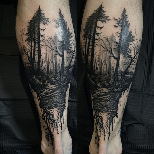 Realism tattoos of a haunted forest on the calf