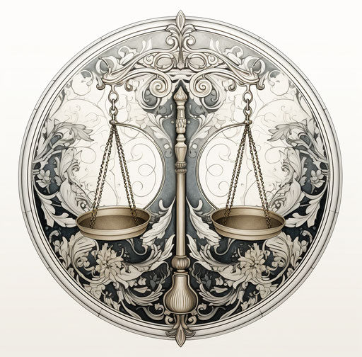 Justice scale in ornate circular design, black and white background