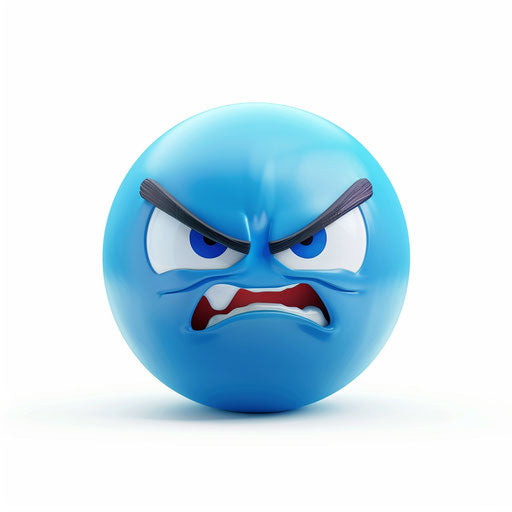 Angry blue emoji character, white background, simple vector graphic