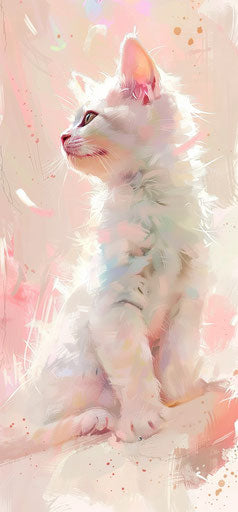 White kitten sitting, anime art style, light pink and amber, stains/washes, lively illustrations, sparklecore, watercolorist, animal depictions