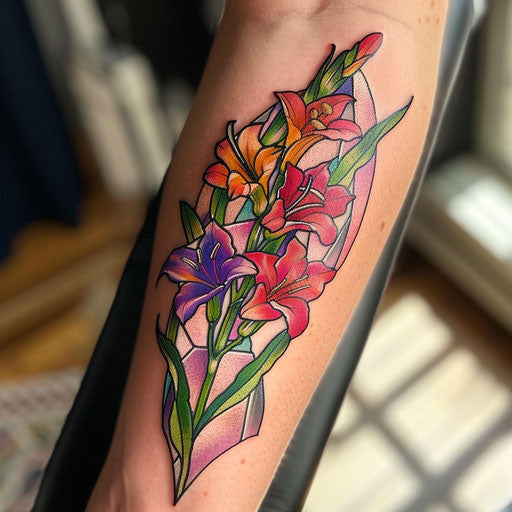 Gladiolus tattoo composition in stained glass style