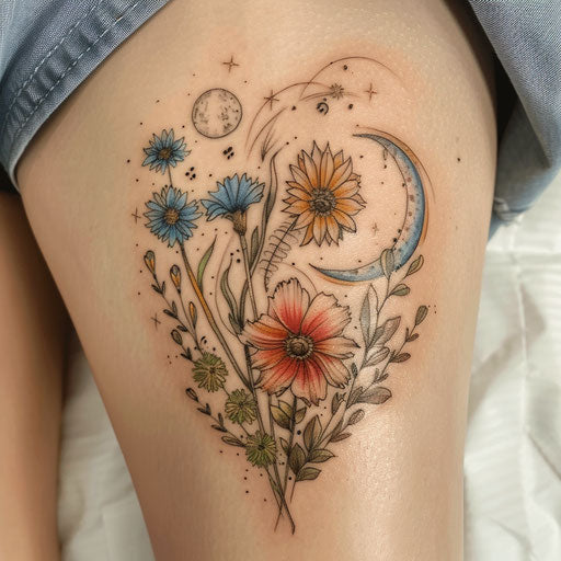 Wildflower tattoo with crescent sun and moon, vibrant colors