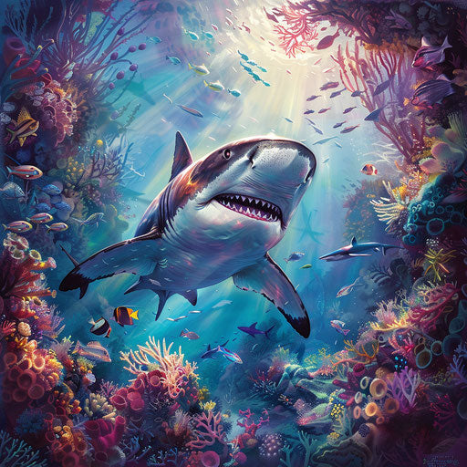 Tiger shark gliding in the ocean with vibrant marine life