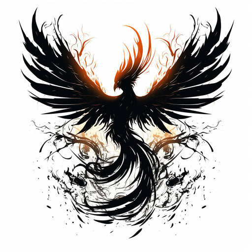 Black phoenix tattoo design silhouette on white background