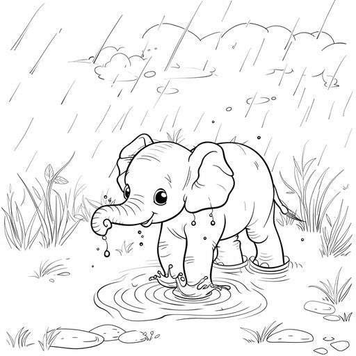 Baby elephant splashing in a puddle on a rainy day