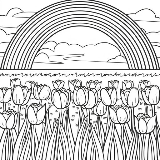 Rainbow over blooming tulip field