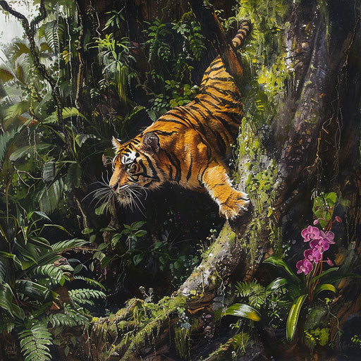 Sumatran tiger climbing ancient tree