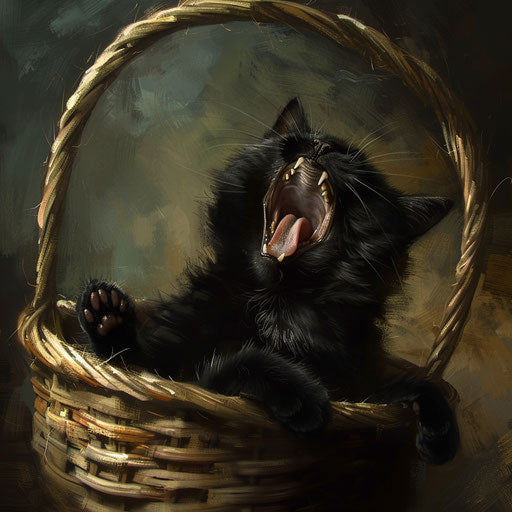 A black cat in a basket yawning, dynamic pose style