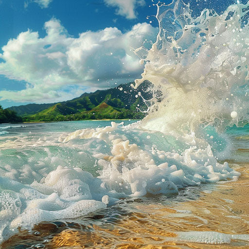 Waves crashing against the shore of Hanalei Bay Beach, Kauai