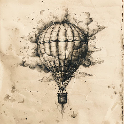 Rustic flat tattoo sketch of a vintage hot air balloon rising into a dreamy sky