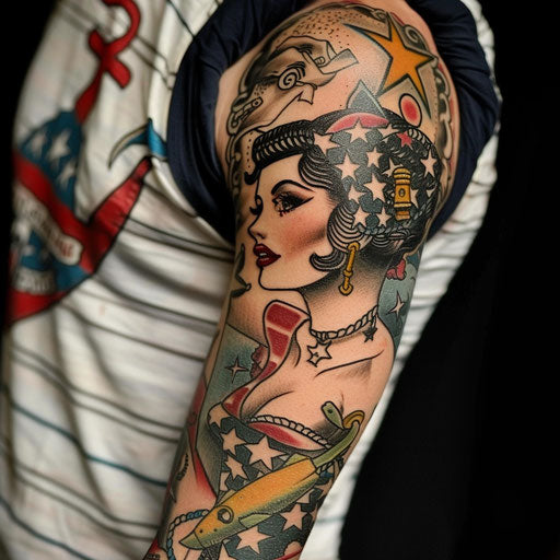 Sleeve tattoo with classic pin-up girls and anchors