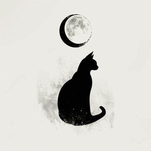 Simplistic and clean flat tattoo sketch of Bastet's silhouette against a full moon