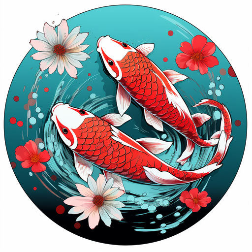 Koi fish with lotus and flowers in the water