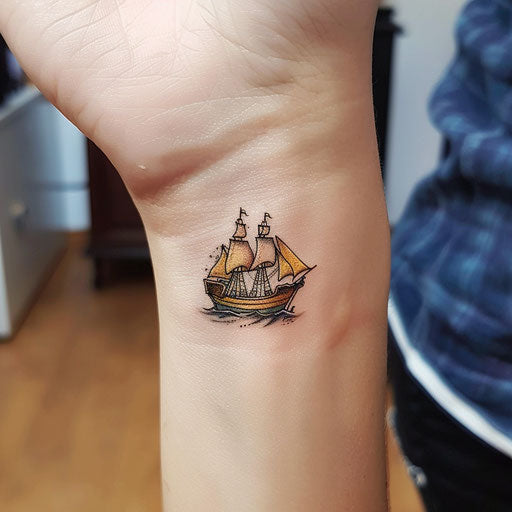 Small wrist tattoos of a pirate ship, in the style of Sailor Jerry