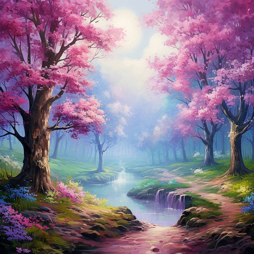 Woods with pink flowers under a sunny blue sky