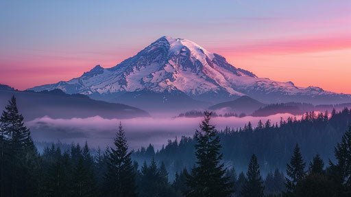 Sunset on Mount Rainier with snow, realistic, 16:9