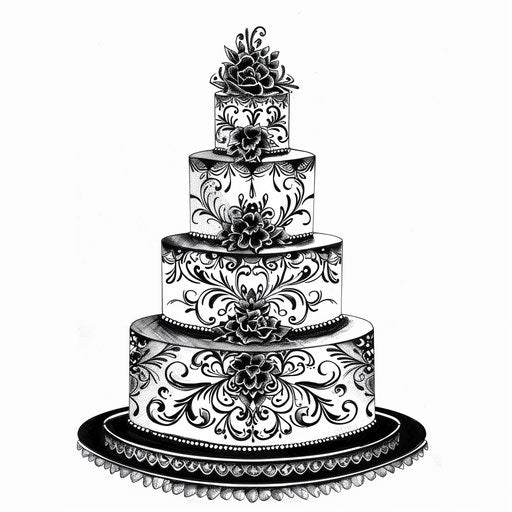 Stylized wedding cake sketch with detailed icing patterns