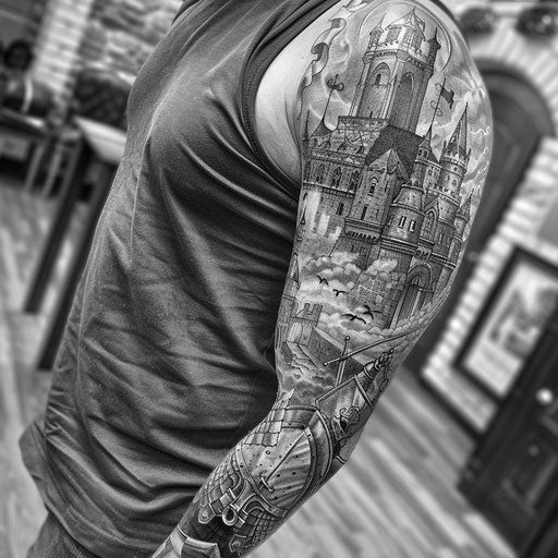 Tattoo sketch of a medieval knight and castle, full sleeve for men