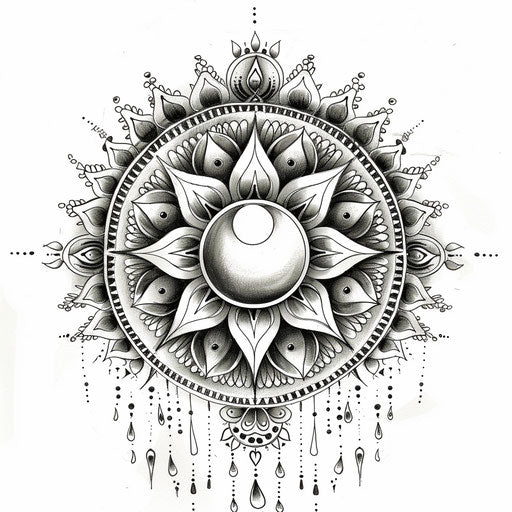 Detailed sketch of a rising sun with ornate mandala designs