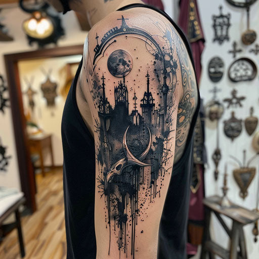Half sleeve tattoo for men in the style of Gerald Brom with gothic, mystical elements