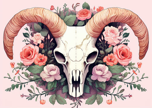 Ram skull with floral designs, whimsical femininity