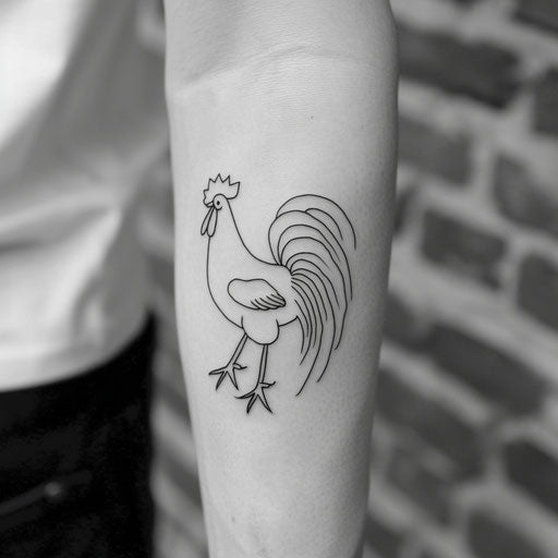 Minimalist line art rooster tattoo, black ink on white surface
