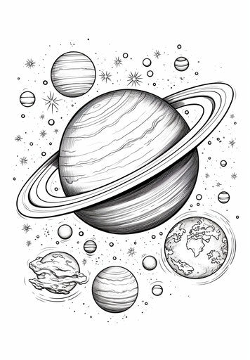 Kids color all planets around spaceship coloring page, light gray, joyful celebration of nature, impressive skies