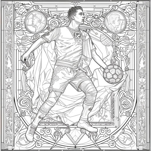Football player with historical motifs in the style of a coloring book