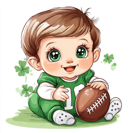 St. Patrick's Day baby with football, clipart sublimation background, digital art graphic design vector sticker, cute and adorable, with a colorful green and white theme.
