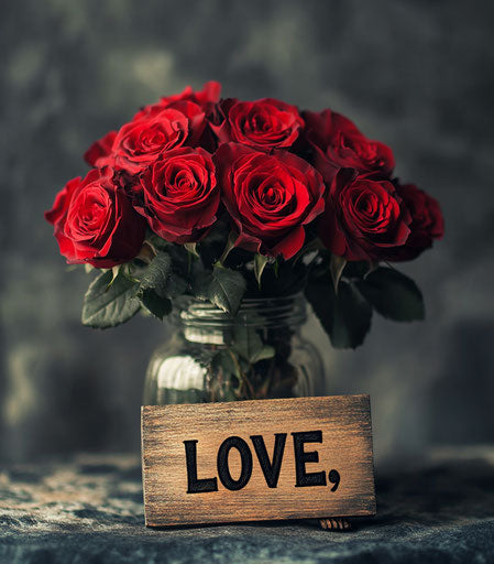 Bouquet of red roses in a jar with a wooden sign
