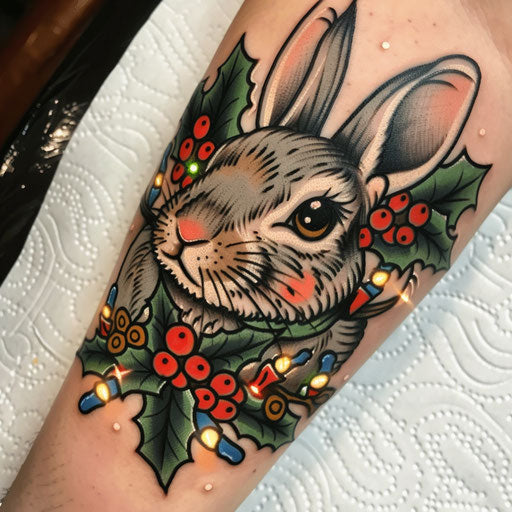 Festive bunny with Christmas lights and holly