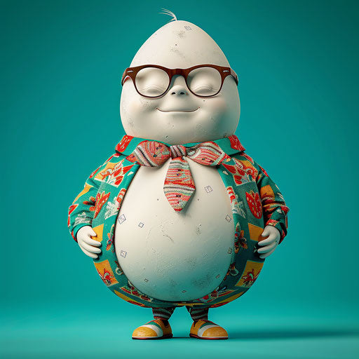 Realistic Humpty Dumpty clipart with flat teal background, vibrant contrasts and detailed textures