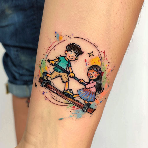 Playful flat tattoo sketch of children on a seesaw