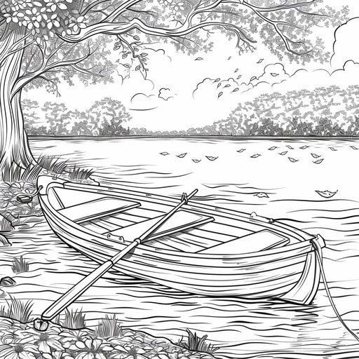 A serene lake with a rowboat and autumn trees reflecting in the water. Coloring book page