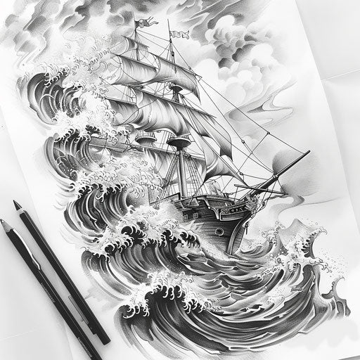 Pirate ship battling storm and ocean tattoo concept