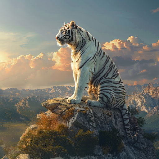 Powerful white tiger overlooking mountainous habitat