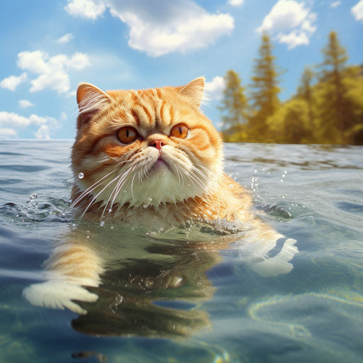Exotic shorthair cat swimming in a lake by the shore
