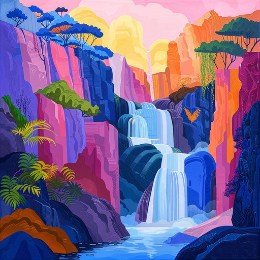 Tegenungan Waterfall with stylized rock formations and vibrant hues
