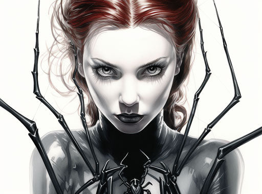 Black widow on white background, grisaille style, taxidermy, loose paint, chrome-plated, 16th century, hand-drawn animation