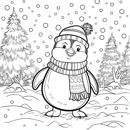 Cute penguin with scarf and hat in snowy landscape