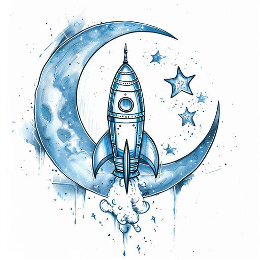 Mystical rocket passing crescent moon, silvery blue