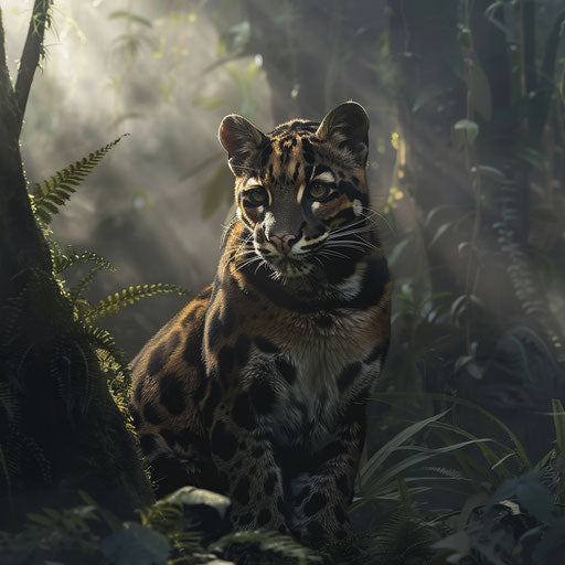 Bornean clouded leopard at forest clearing's edge