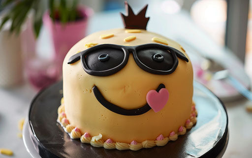 Emoji smiley face cake with sunglasses and happy birthday!